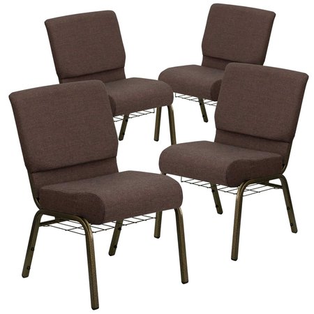 Flash Furniture 21"W Church Chair in Brown Fabric w/ Book Rack, 4PK 4-FD-CH0221-4-GV-S0819-BAS-GG